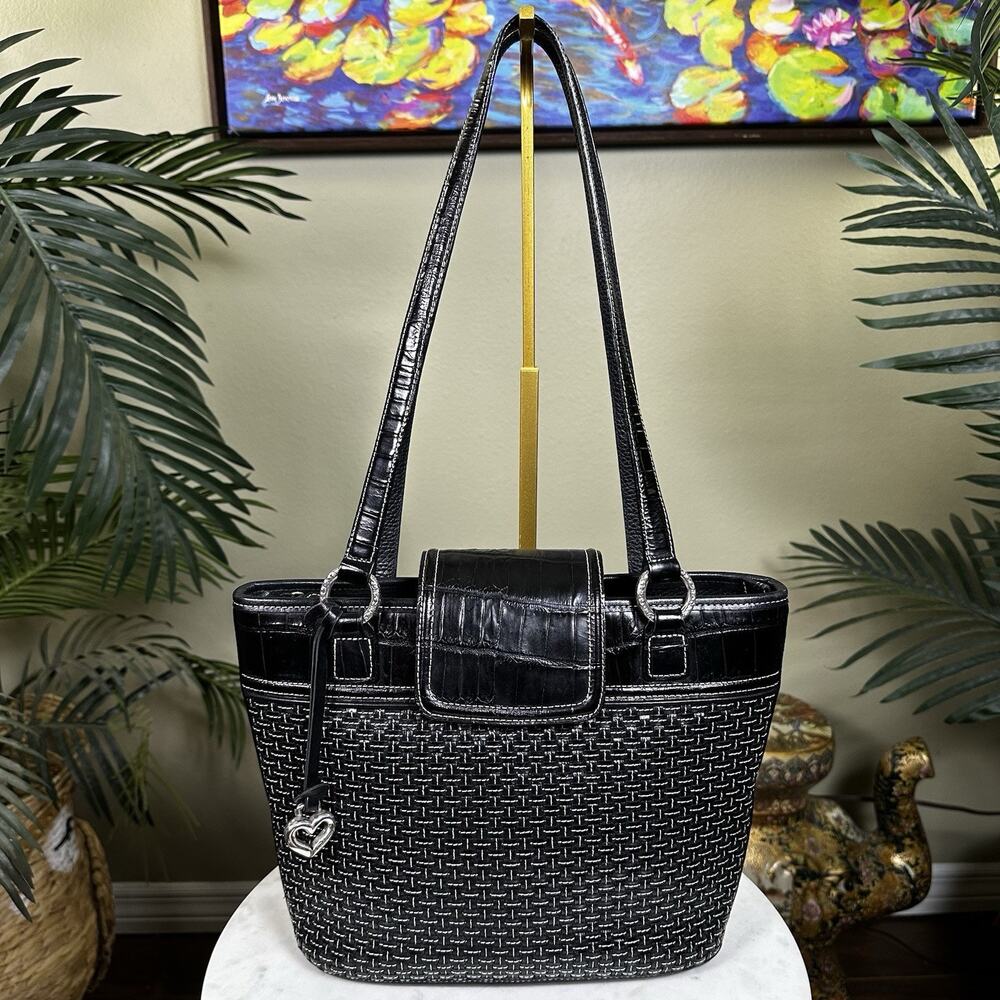 Brighton 2007 Bag Tote Pristine Black Woven Croc Soft Pebbled Leather Shoulder